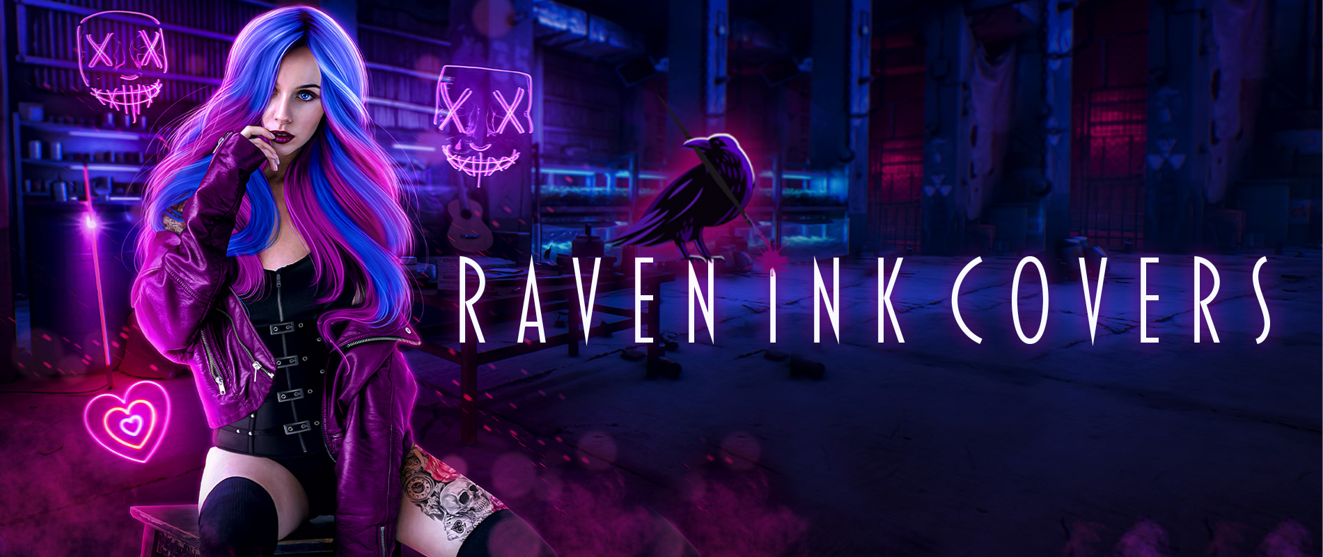woman with pink and blue hair dark background logo raven ink covers